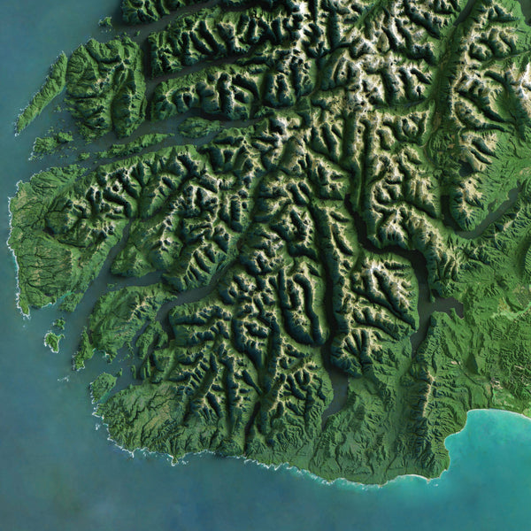 Fiordland, New Zealand Imagery Shaded Relief