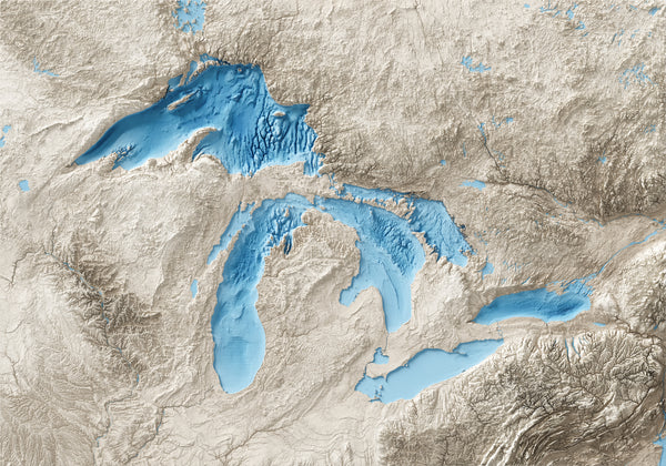 Great Lakes Shaded Relief Bathymetry Map