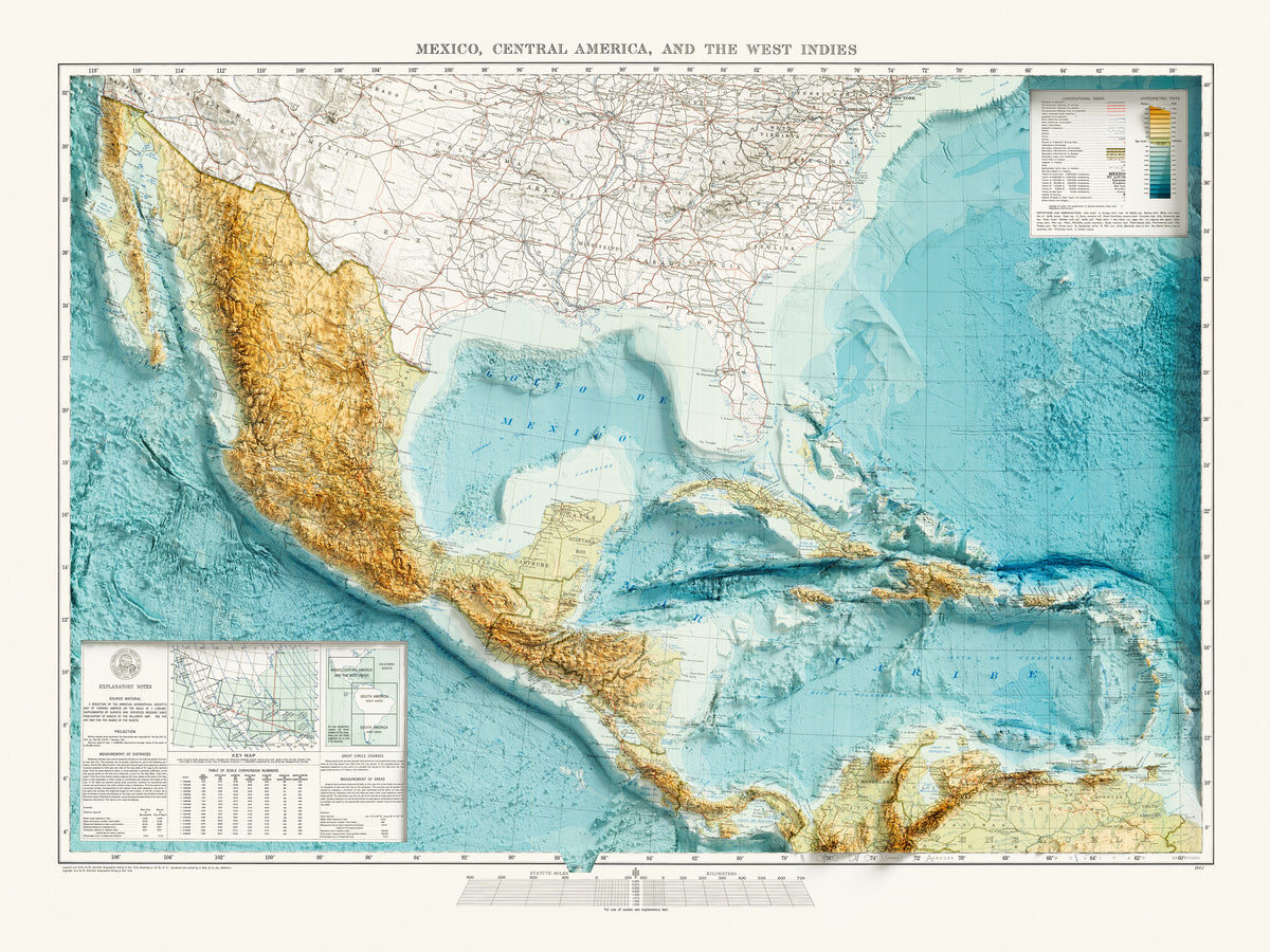 Mexico and Central America Vintage Topographic Map – Visual Wall Maps