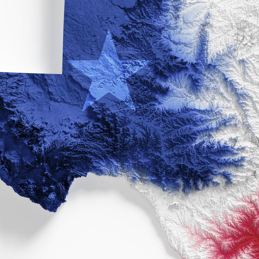 Texas One Color Texas Shaded Relief Colorized (State Flag Colors) – Visual Wall Maps Studio